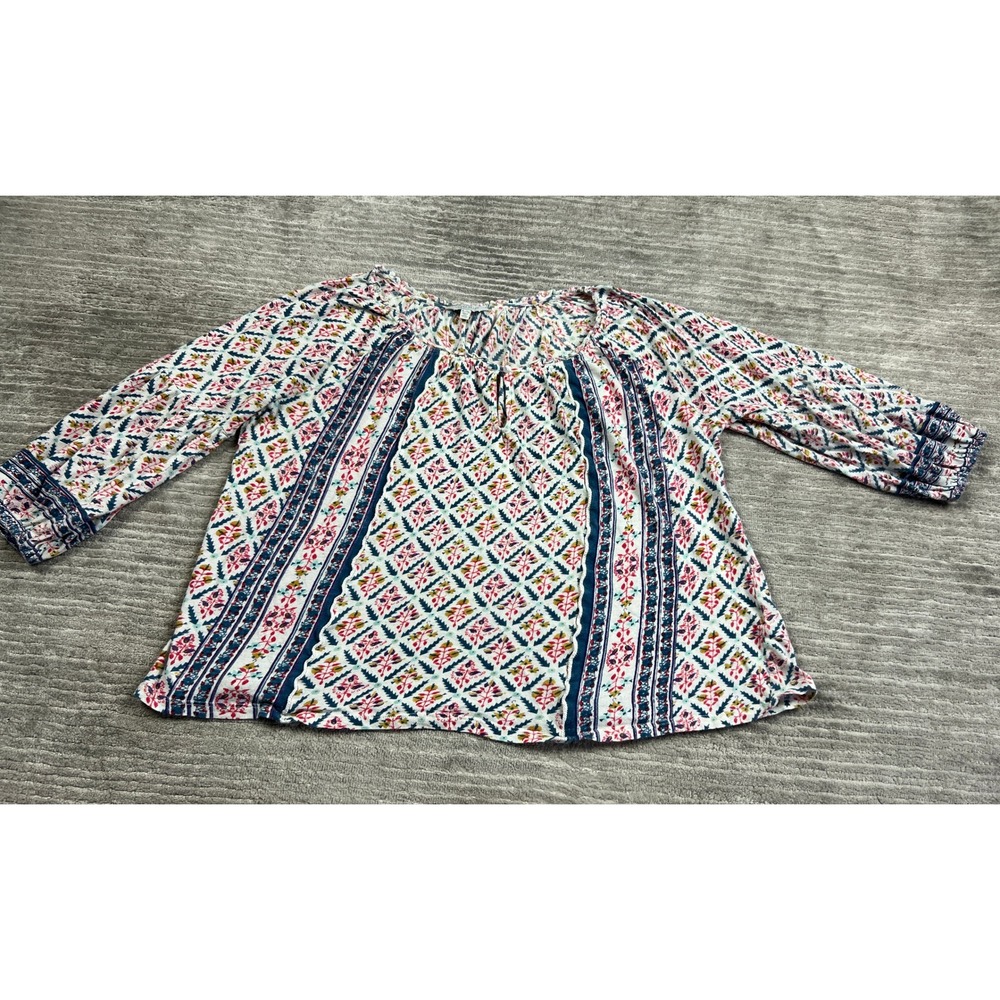 Lucky Brand Top Womens XL White Blue Pink Floral Peasant Blouse 3/4 Sleeve Boho